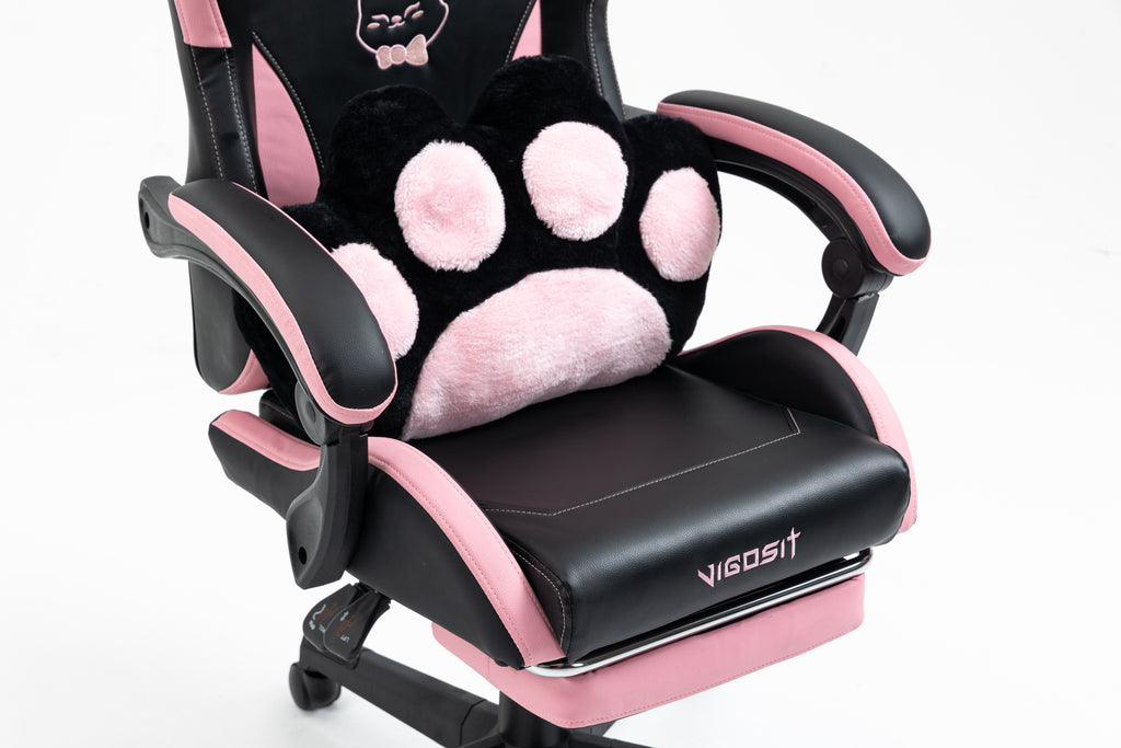 Cute Cat Gaming Chair with Paw Lumbar Cushion, PC Video Gamer Chair for Girl Teen Woman (Black) | Premium Home Decor - Grand 