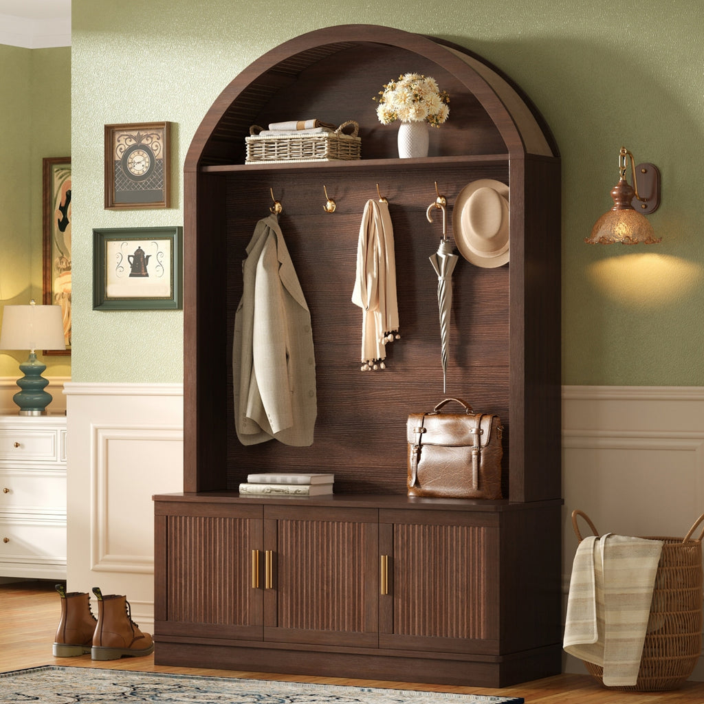 Farmhouse Fabric Arched Top Hall Tree with 5 Metal Hooks, All-in-One Mudroom Furniture with Adjustable Shelves, Mid-Century Fluted Door Entryway Bench with Wood Grain Finish for Hallway, Walnut - Grand Goldman Shop