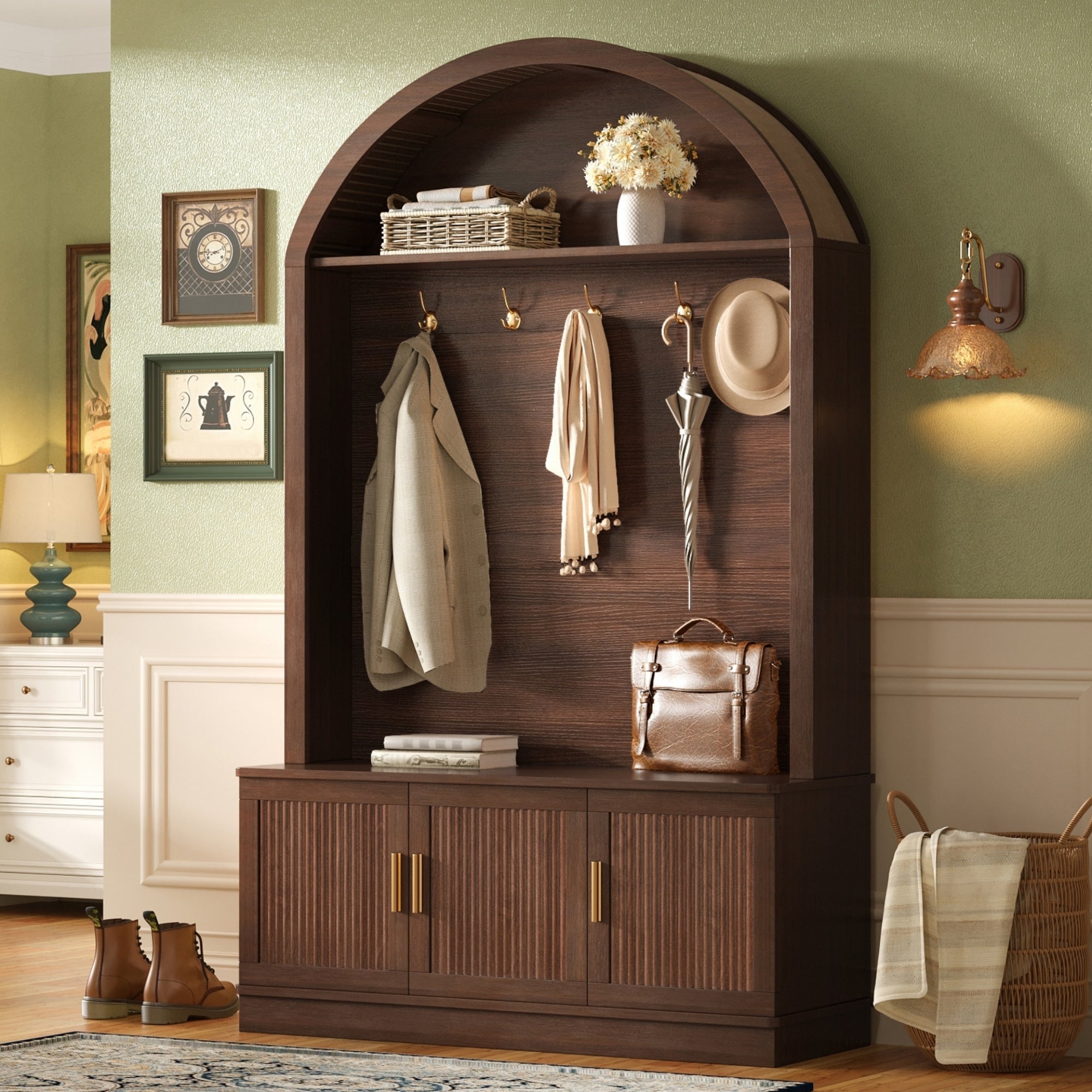 Farmhouse Fabric Arched Top Hall Tree with 5 Metal Hooks, All-in-One Mudroom Furniture with Adjustable Shelves, Mid-Century Fluted Door Entryway Bench with Wood Grain Finish for Hallway, Walnut - Grand Goldman Shop