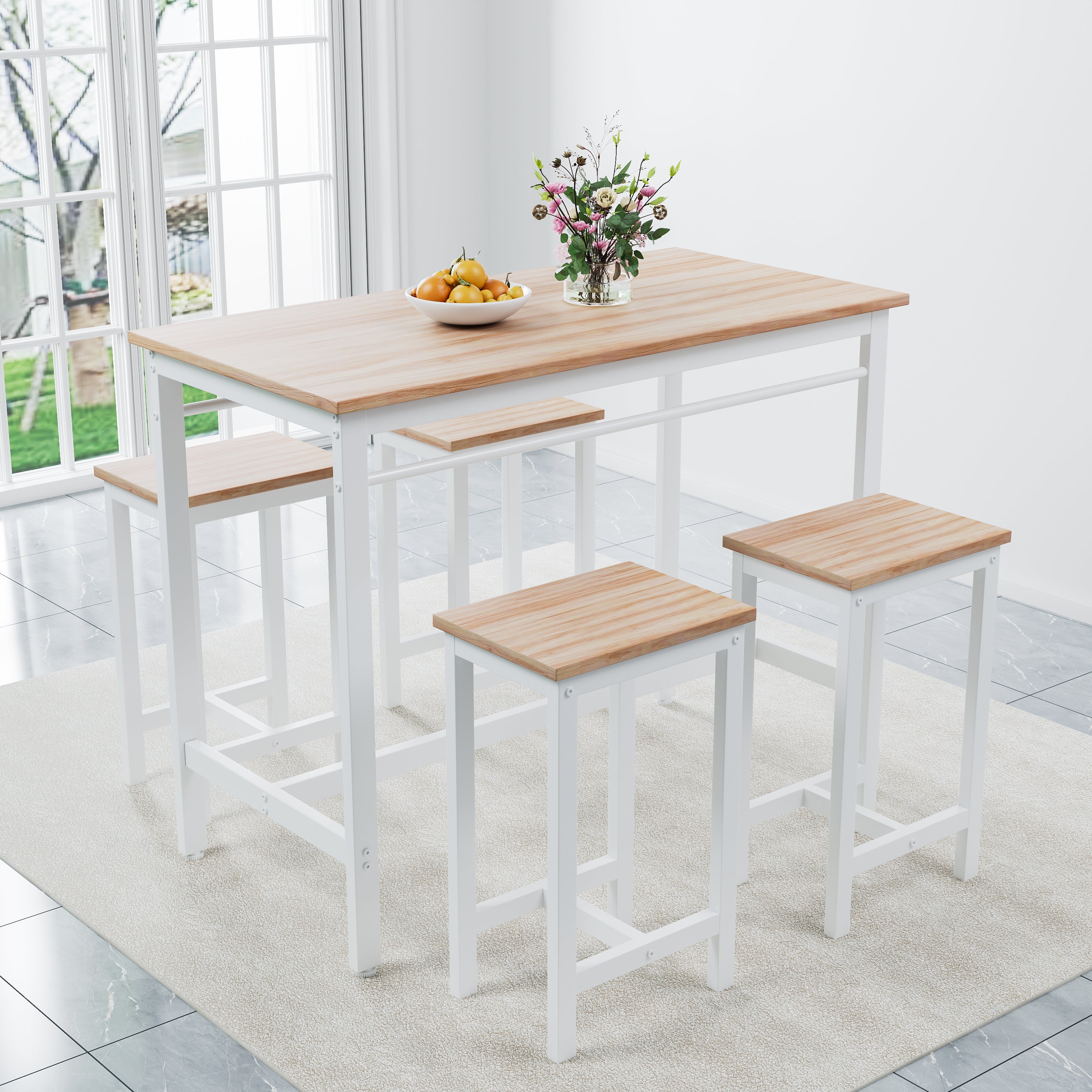 5-piece modern kitchen table with four bar stools Bar table set 5PC,metal frame and MDF, white oak,47.5'' L x 23.7'' W x 35.5'' H. - Grand Goldman Shop