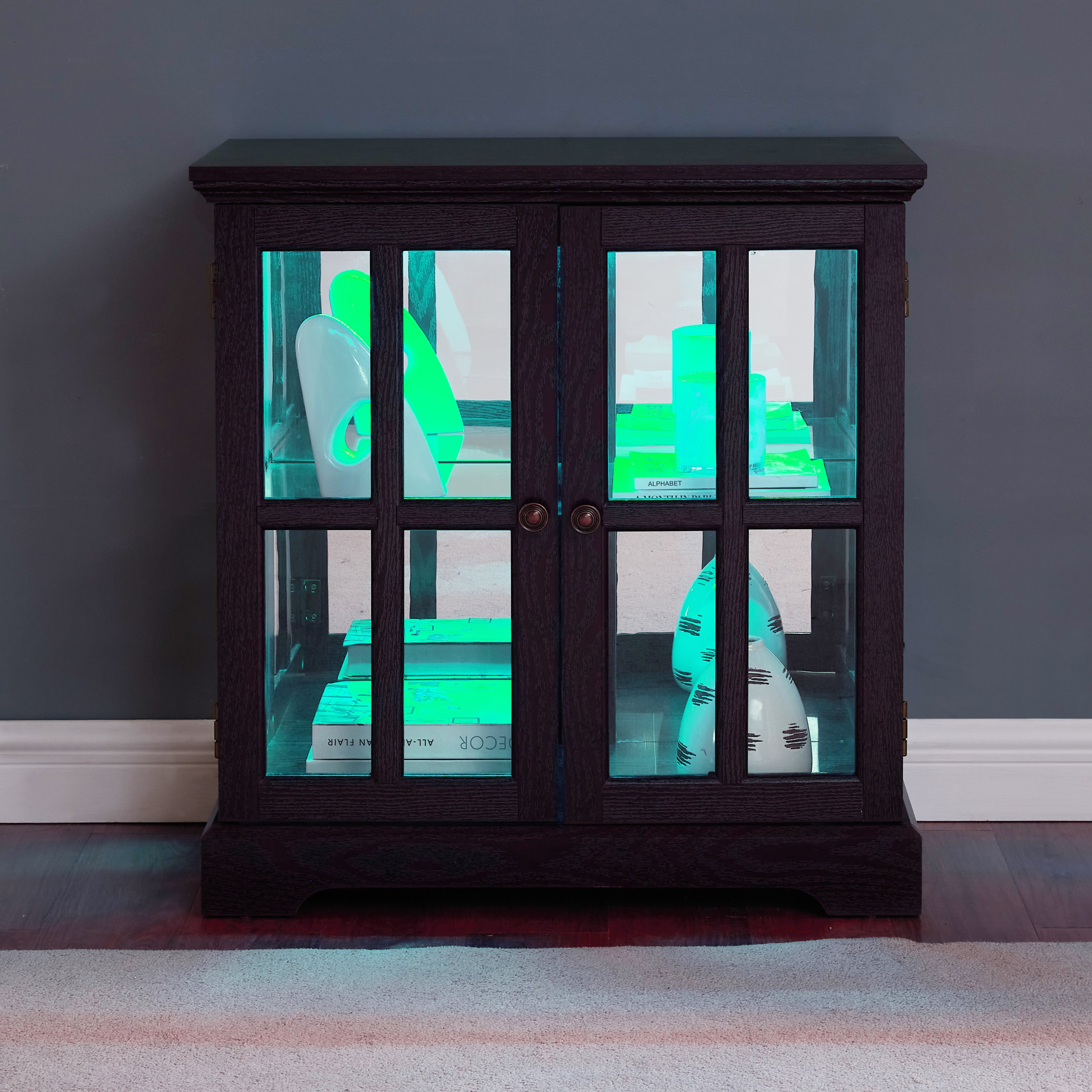 LED Curio Display Cabinet,Antique Display Cabinet with Adjustable Shelves,Retro Design Quality Showcase with Lattice Doors Elegant Bookcase and Storage Cabinet for Home Decor and Organization CHE - Grand Goldman Shop