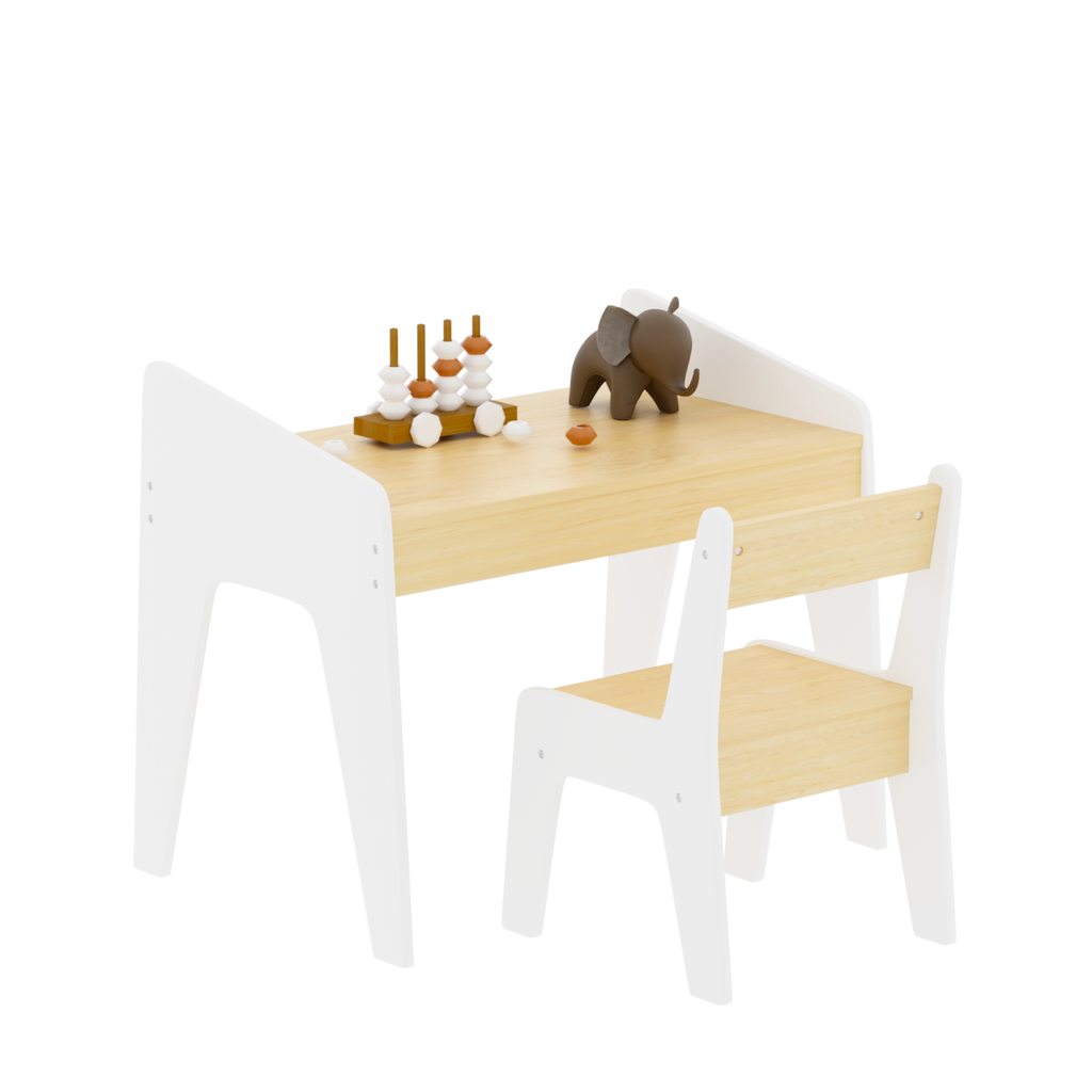 Kids Table Set with One Chair, Wooden Children Study Table, 2-8  Age Kids Funiture , White+Natural - Grand Goldman