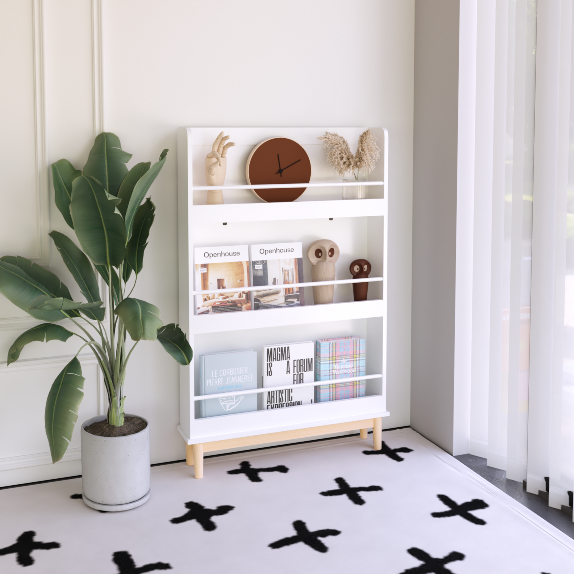 Modern White Wall-Mounted Kids Bookshelf with Natural Wood Base, 3 Front-Facing Display Shelves for Toddler Bedroom, Nursery 