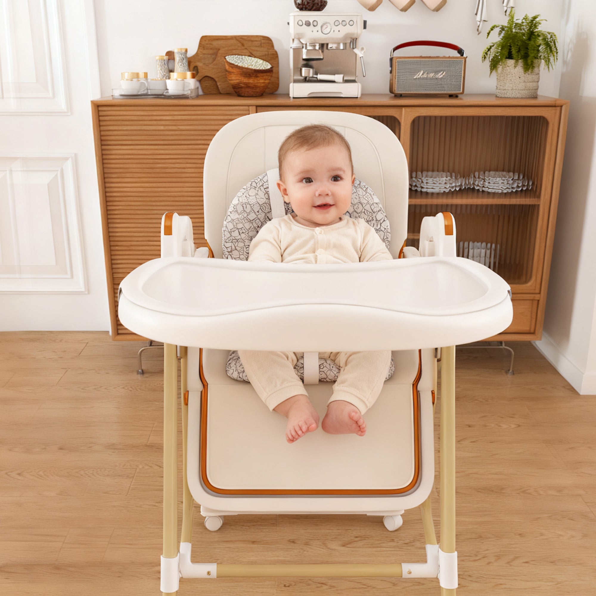 Convertible Baby High Chair to Rocker with 5-Point Harness, Foldable Infant Feeding Chair in White with Removable 2-Tier Easy
