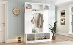 ON-TREND Modern All-in-One Hall Tree with Adjustable Shelves, Classic Arched Farmhouse Storage Bench with Dual Side Cabinets, Elegant Entryway Organizer with 7 Hooks for Mudroom, Hallway, White - Grand Goldman Shop