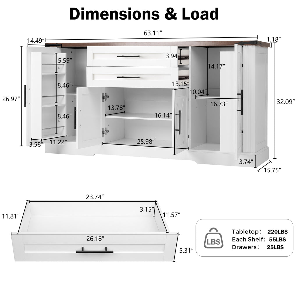 White Farmhouse Barn Door Storage Cabinet with 2 Drawers & Door Rack, Adjustable Shelves, MDF Construction, 63.11' L x 15.75' W x 32.09' H - Grand Goldman Shop