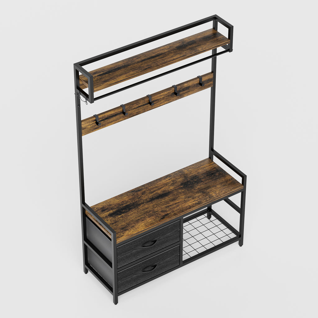 Rustic Brown 33.1' Wide Hall Tree with 2 Movable Drawers, Shoe Storage, Shelves, Garment Racks, and 23 Hooks for Entryway or Corner - Grand Goldman Shop