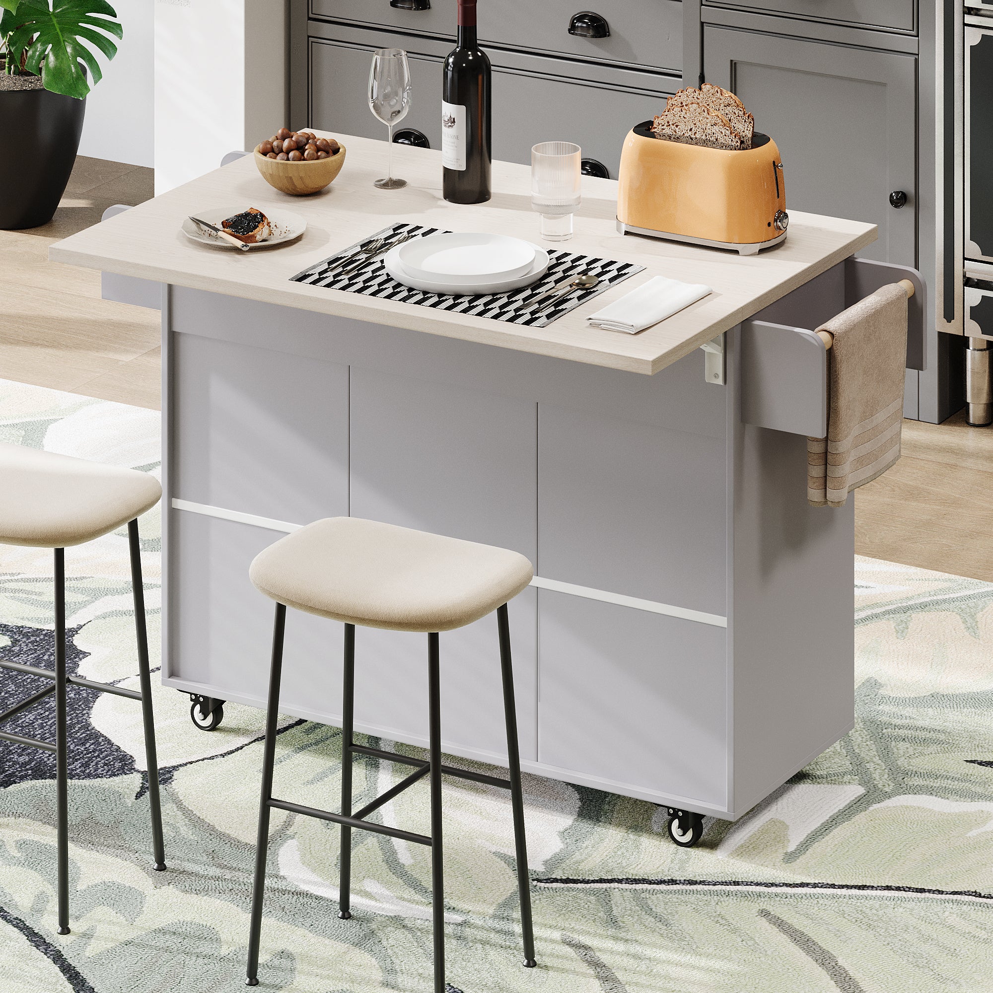 K&K Kitchen Island with Trash Can Storage Cabinet, Kitchen Cart with Drop Leaf, Spice Rack, Towel Rack and Drawer, Rolling Kitchen Island on Wheels with Adjustable Shelf, Grey - Grand Goldman Shop