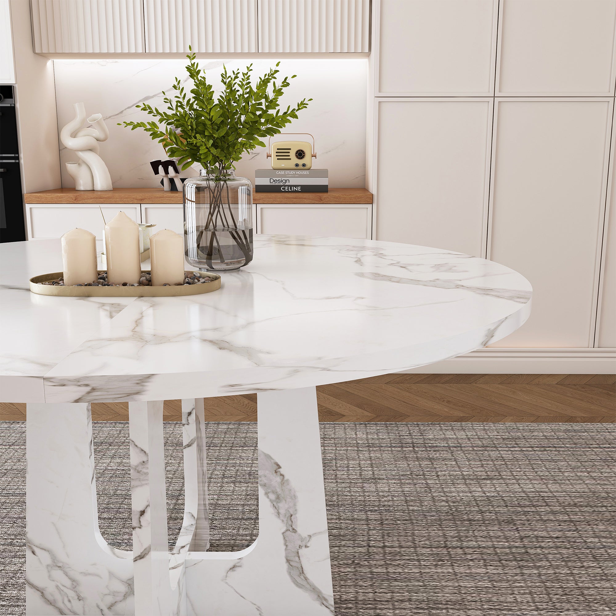Modern Farmhouse 47.24' Round Dining Table for 4 with Marble White Finish MDF and Iron - Grand Goldman Shop