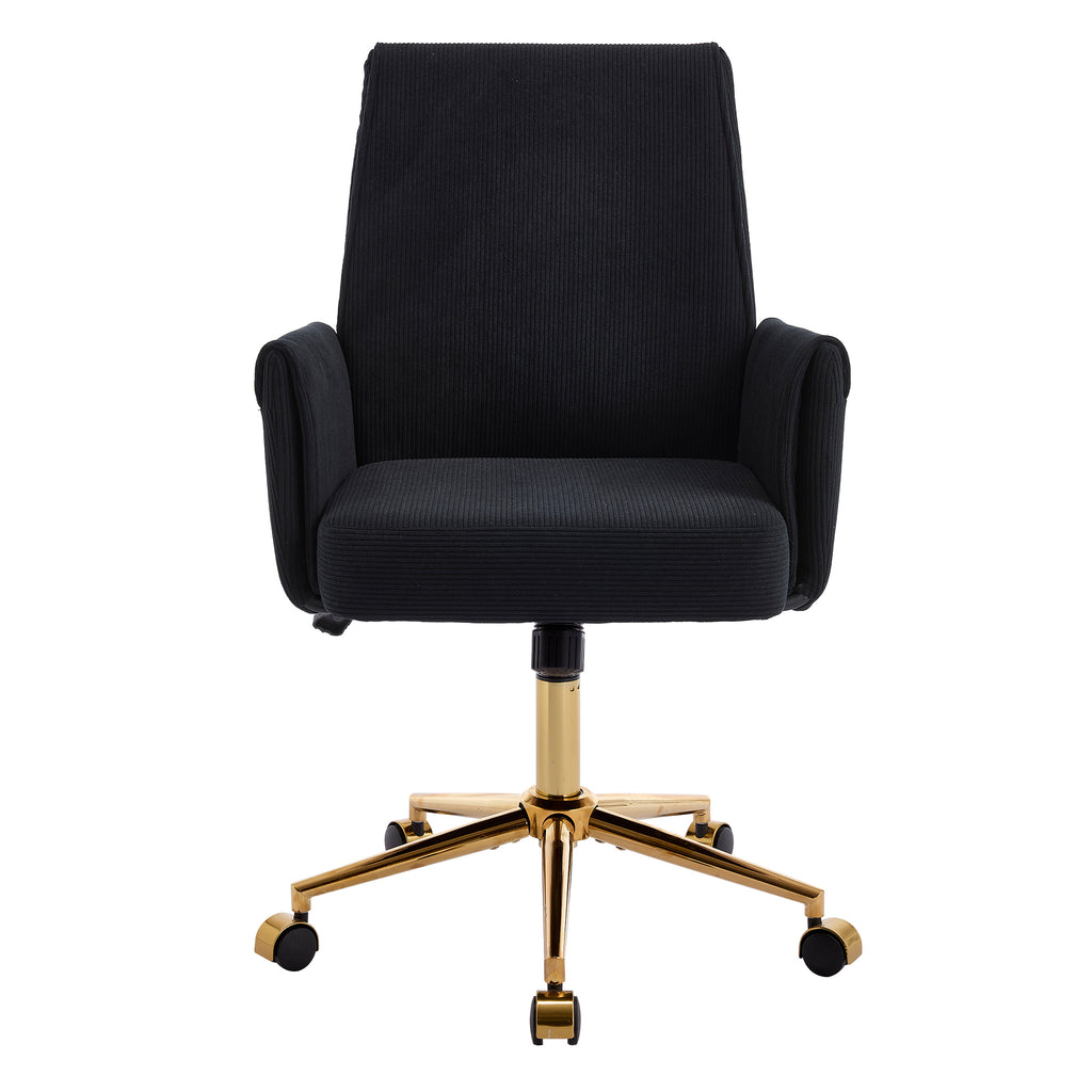 Ergonomic Mid-Back Office Chair with Striped Fabric, Black Corduroy, Gold Base, 25.2 x 24.0 x 41.9 inches | Premium Home Deco