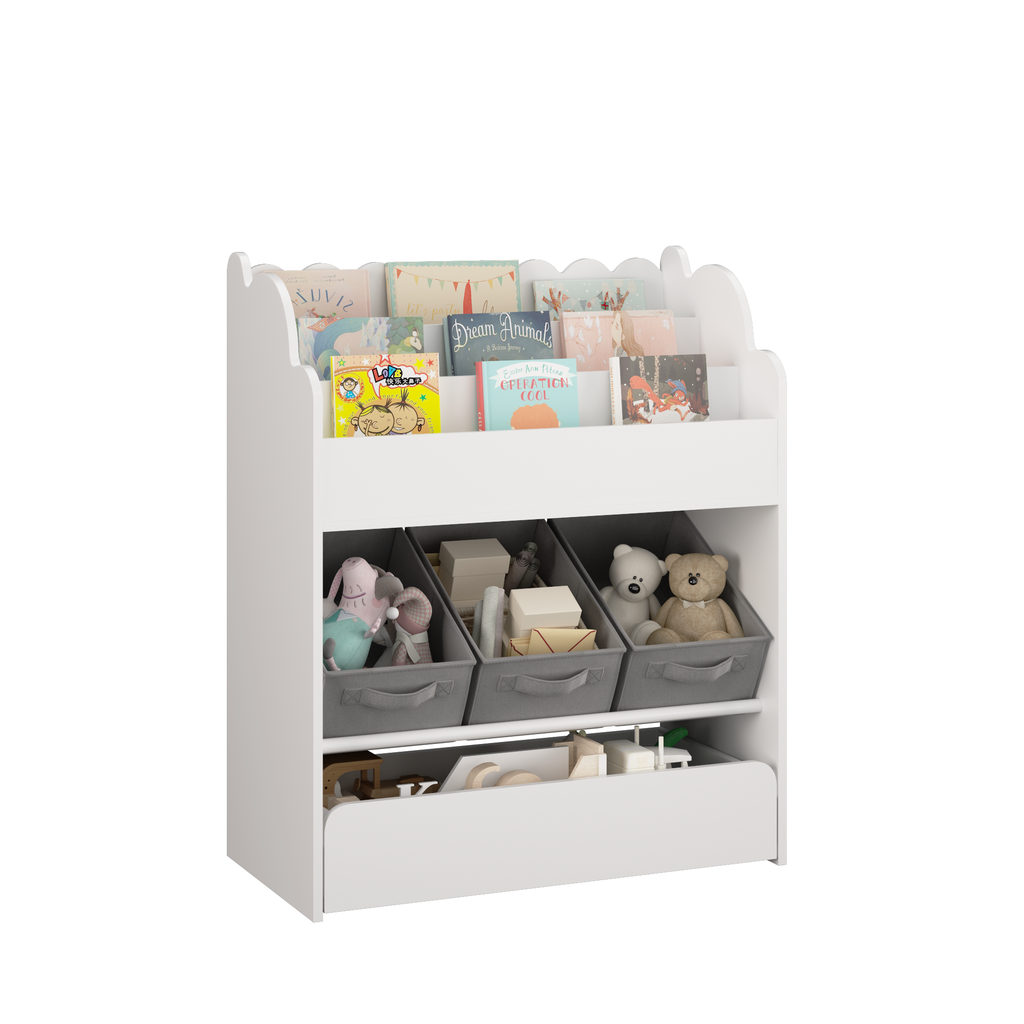 Kids Bookshelf with Storage Bins and Drawer, Multi-Functional Wooden Book Organizer for Toddlers, White Bookcase for Toys, Bo