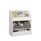 Kids Bookshelf with Storage Bins and Drawer, Multi-Functional Wooden Book Organizer for Toddlers, White Bookcase for Toys, Bo