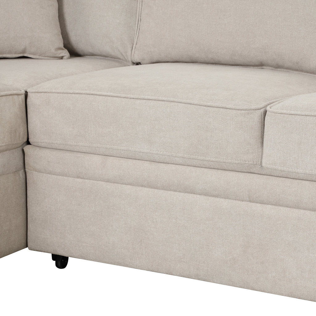 2 in 1 Sleeper Sofa Bed with Storage Ottoman, Beige Linen Upholstery, 84.75' L Shape Couch for Small Spaces - Grand Goldman Shop