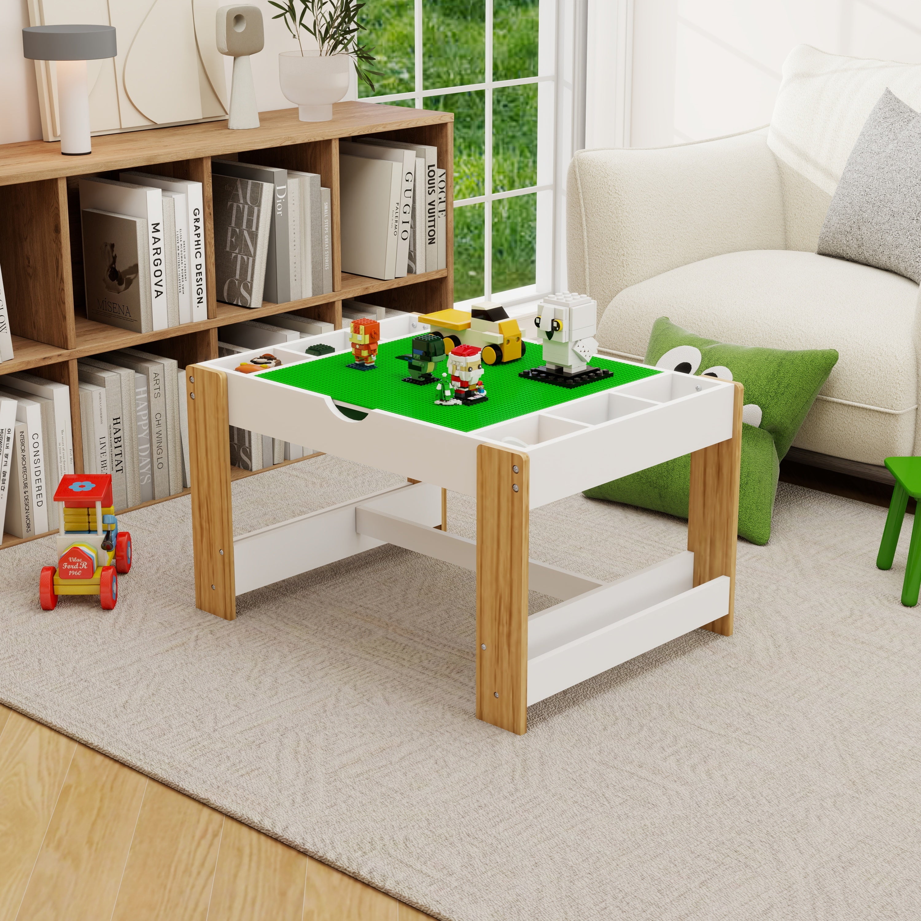 Kids 2 in 1 Play Table with 7 Storage Compartments,Compatible with LEGO Building Block,Modern Activity Learning Table Game Fu