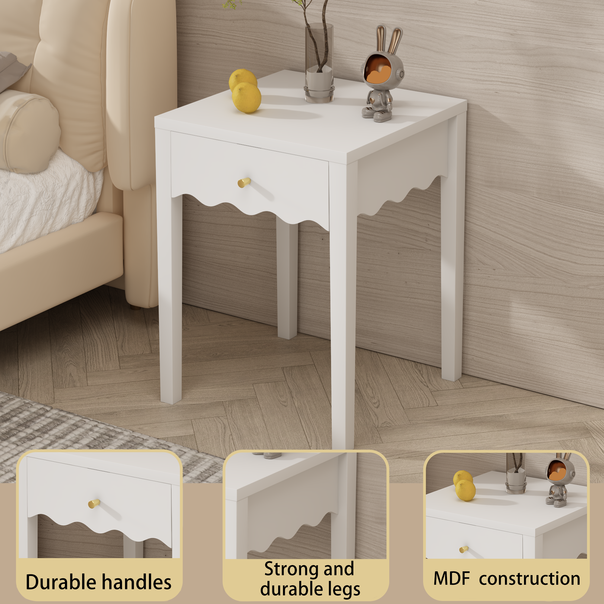White Nightstand with Drawer, Modern Bedside Table with Wavy Apron Design, Compact End Table for Bedroom Living Room, Small Side Table with Storage - Grand Goldman Shop