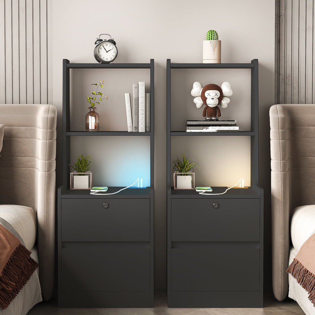 Nightstand with Charging Station, Smart Nightstand with Night Light, Modern Night Stand with Bookshelf, Bedside Tables with Storage Cabinet for Bedroom, Black - Grand Goldman Shop