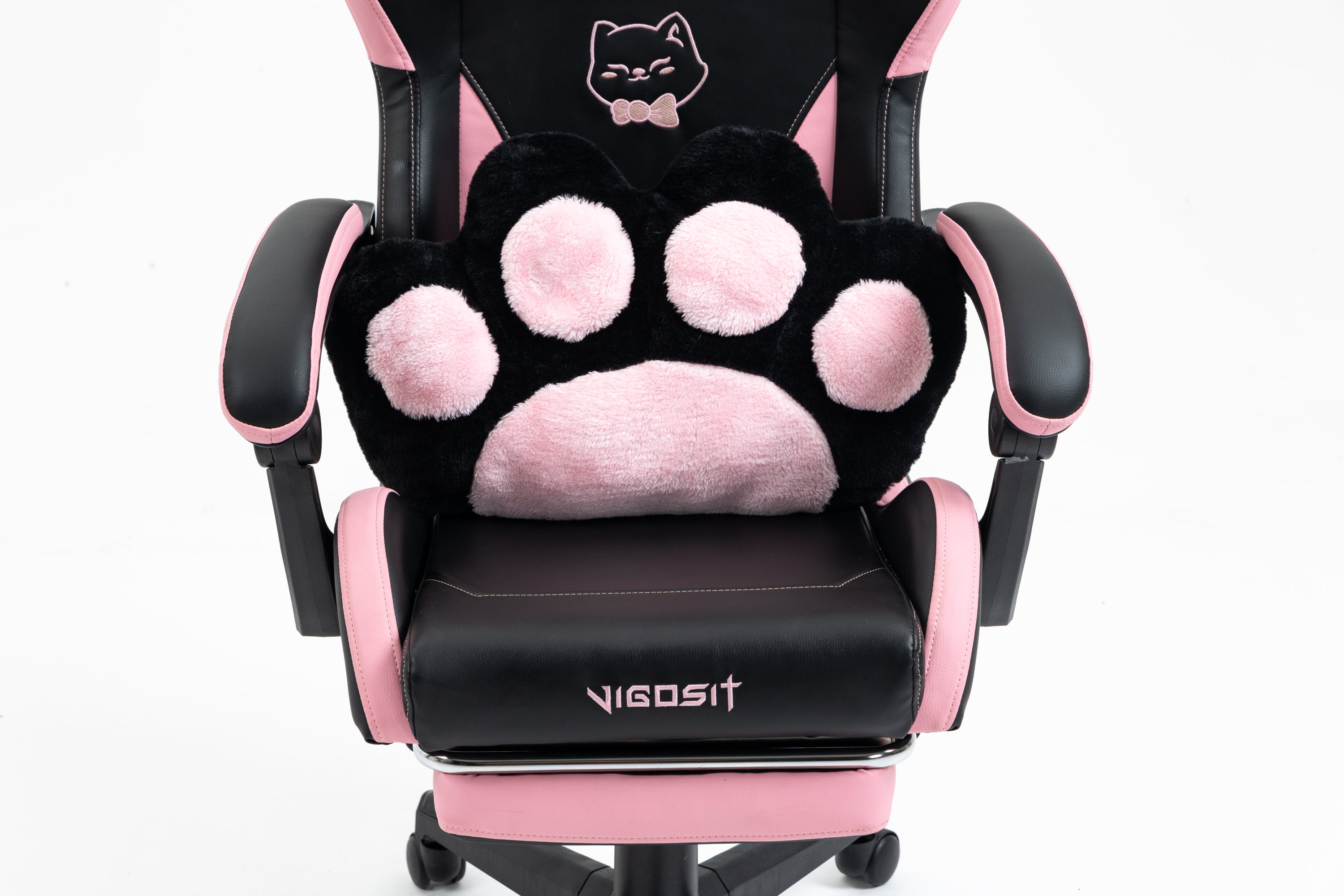 Cute Cat Gaming Chair with Paw Lumbar Cushion, PC Video Gamer Chair for Girl Teen Woman (Black) - Grand Goldman