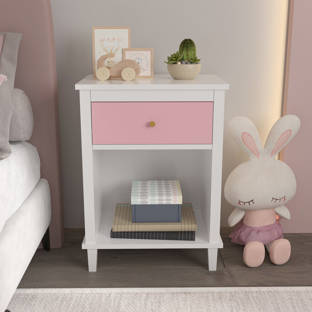 Pink+Golden Handle Wooden Nightstand 26.77''H with One Drawer One Shelf for Kids and Adults - Grand Goldman Shop