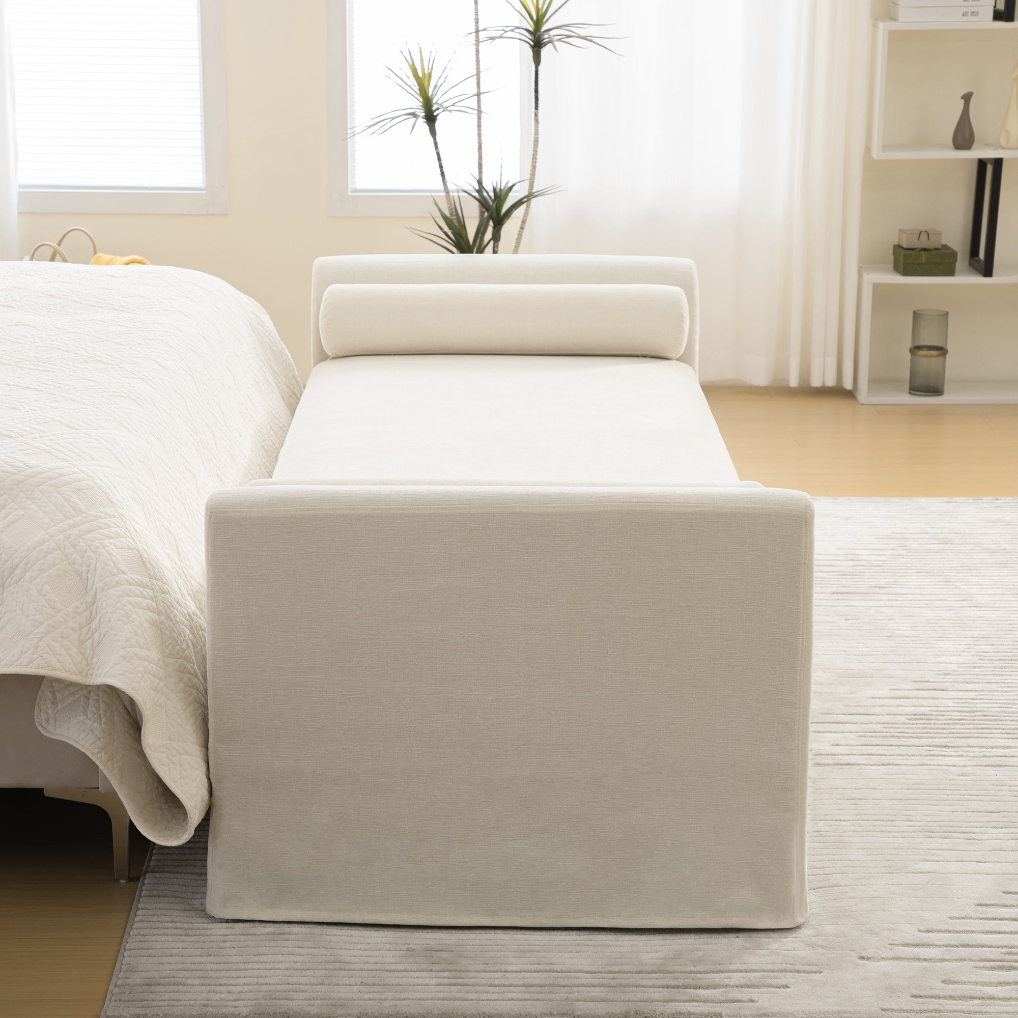 88.58' Wide Modern Bench, Bed End Bench with Armrests,Chenille Chaise Lounge Couch with 2 Bolster Pillows, Suitable For Living Rooms, Entryways, Dormitories, And Bedrooms.Beige - Grand Goldman Shop