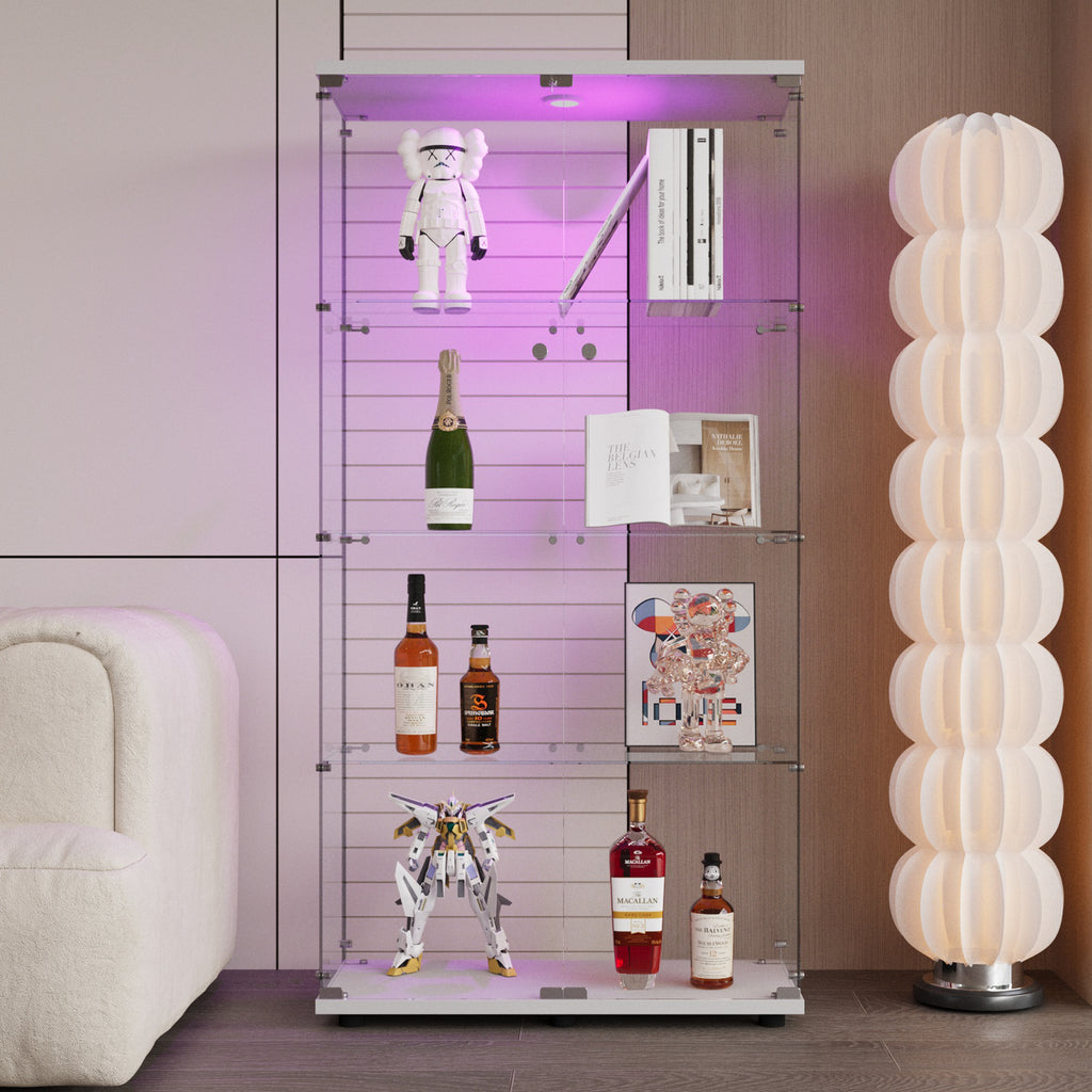 Two-door LED lights  Glass Display Cabinet 4 Shelves with Door, Floor Standing Curio Bookshelf for Living Room Bedroom Office