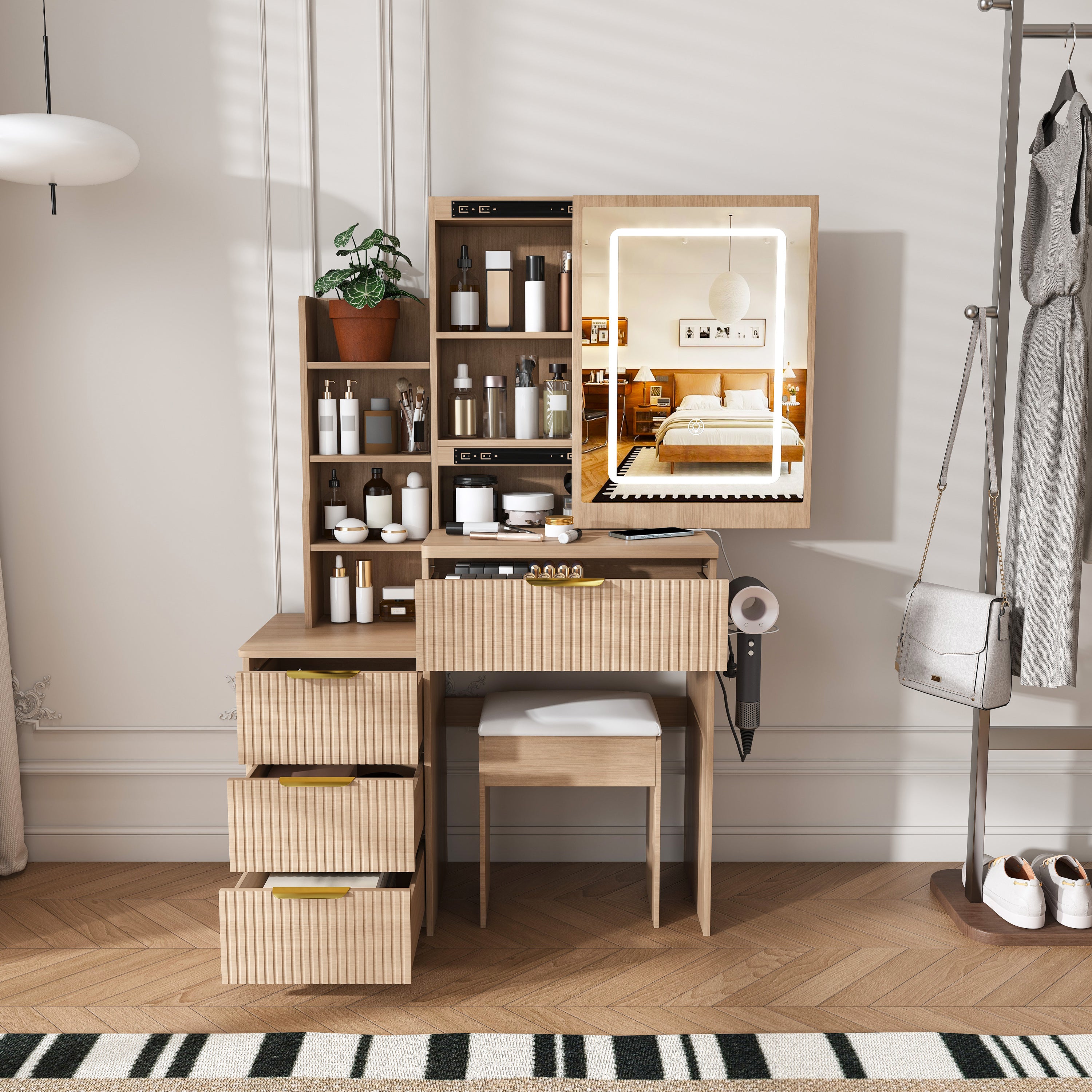 Modern Vanity Desk with 3 LED Lighting Modes, 4 Drawers, Hair Dryer Holder, Power Socket, and Dressing Chair in Walnut Finish, Made of MDF - Grand Goldman Shop