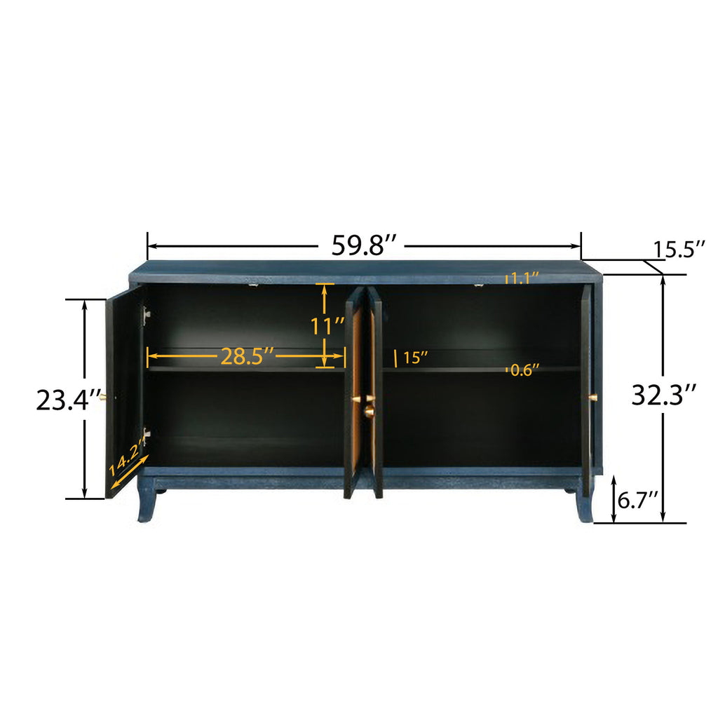 Handcrafted Premium Grain Panels,Rattan Sideboard Buffer Cabinet,Accent Storage Cabinet With 4 Rattan Doors, Modern Storage Cupboard Console Table with Adjustable Shelves for Living Room ,BLUE - Grand Goldman Shop