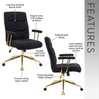 Textured Boucle Fabric Black and Gold Office Chair, Modern Height Adjustable Desk Chair with Padded Arms - Grand Goldman