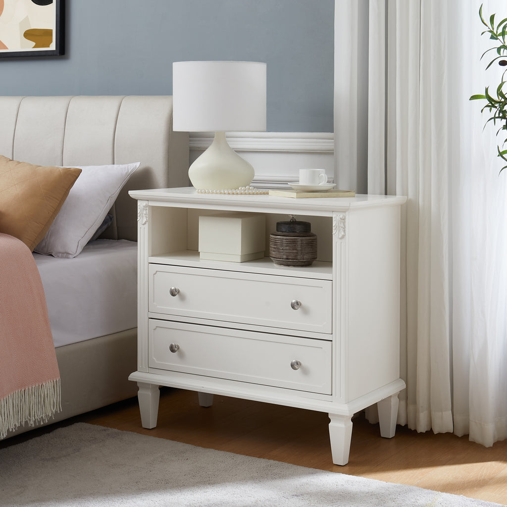 Open Space and 2 Drawers Dresser Nightstand with Charging Station, Farmhouse End Table with USB Ports and Outlets, Fluted Pilasters Design Side Table with Solid Wood Legs for Bedroom - Grand Goldman Shop