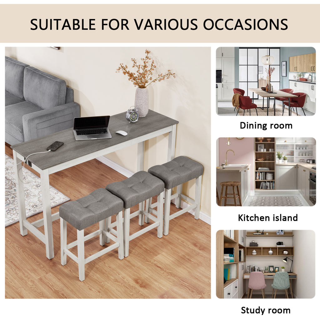 4 Piece Bar Table Set with Power Outlet, Bar Table Set with Chairs, Sofa Bar Table with Stools, Behind Couch Table with 3 Padded Stools, for Living Room, Dining room, White & Grey - Grand Goldman Shop