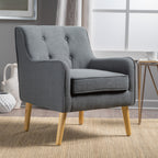 Mid-Century Modern Arm Chair in Charcoal Fabric with Tufted Back and Wooden Legs - Grand Goldman Shop
