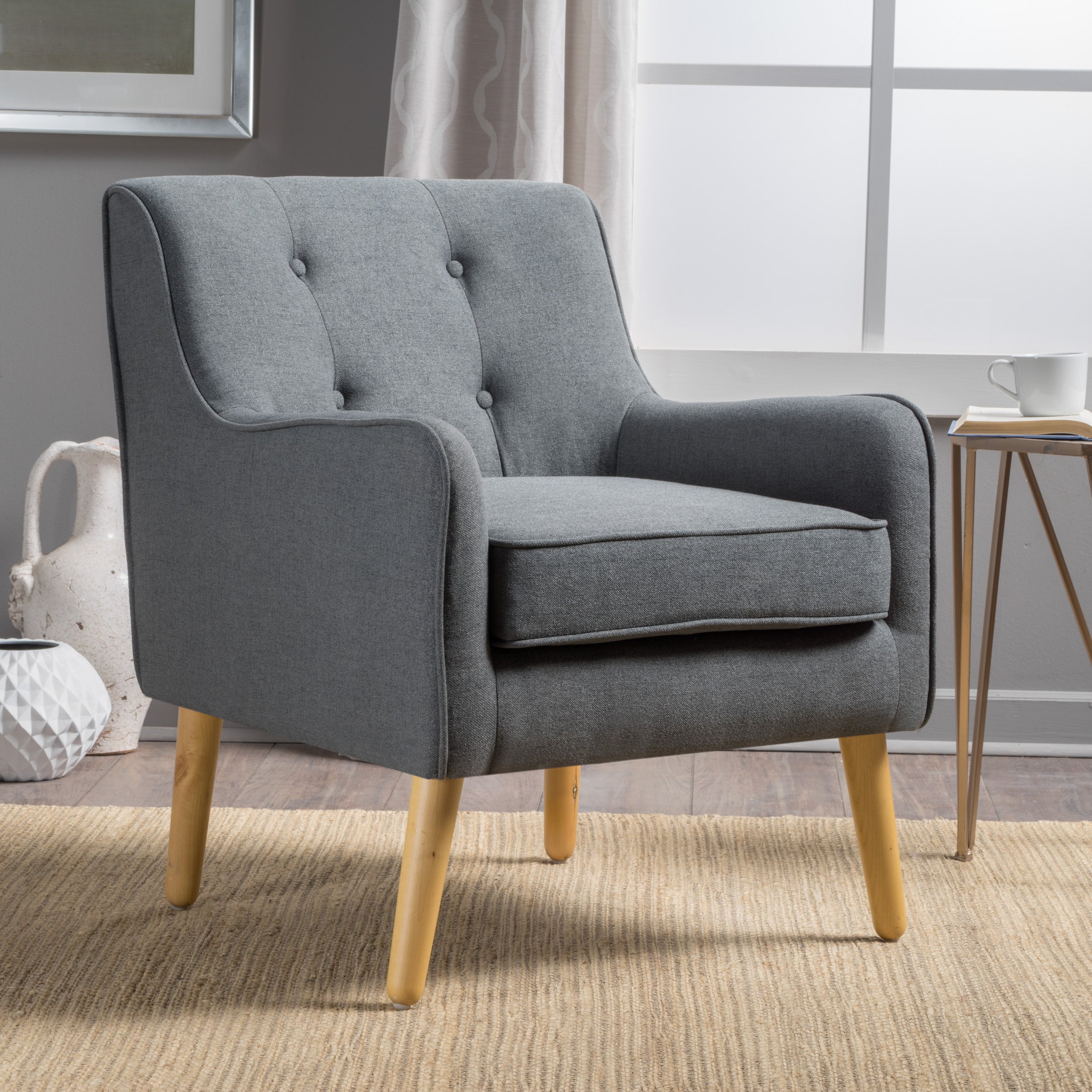 Mid-Century Modern Arm Chair in Charcoal Fabric with Tufted Back and Wooden Legs - Grand Goldman Shop