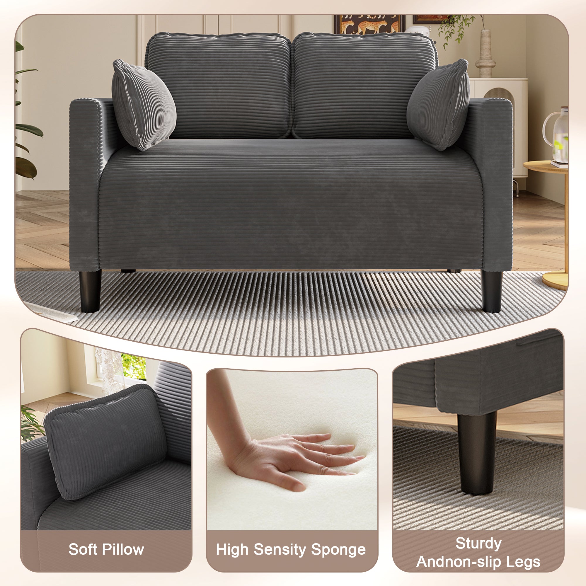 48' Soft Corduroy Loveseat Couch W/Soft Cushions,Side Storage Pocket,Sturdy Composite Board & Solid Wood Frame, High Rebound Sponge,Easy Assembly,Ideal for Living Room,Apartment,Dorm,Office. - Grand Goldman Shop