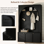 ON-TREND Farmhouse All-in-One Hall Tree with Adjustable Shelves, Retro Arched Entryway Storage Bench with 3 Cabinets, Wooden Coat Rack Organizer with 4 Golden Hooks for Mudroom, Hallway, Black - Grand Goldman Shop