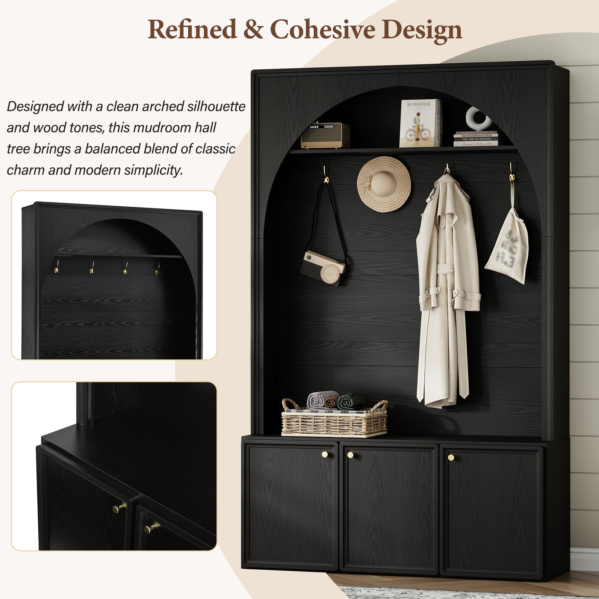 ON-TREND Farmhouse All-in-One Hall Tree with Adjustable Shelves, Retro Arched Entryway Storage Bench with 3 Cabinets, Wooden Coat Rack Organizer with 4 Golden Hooks for Mudroom, Hallway, Black - Grand Goldman Shop