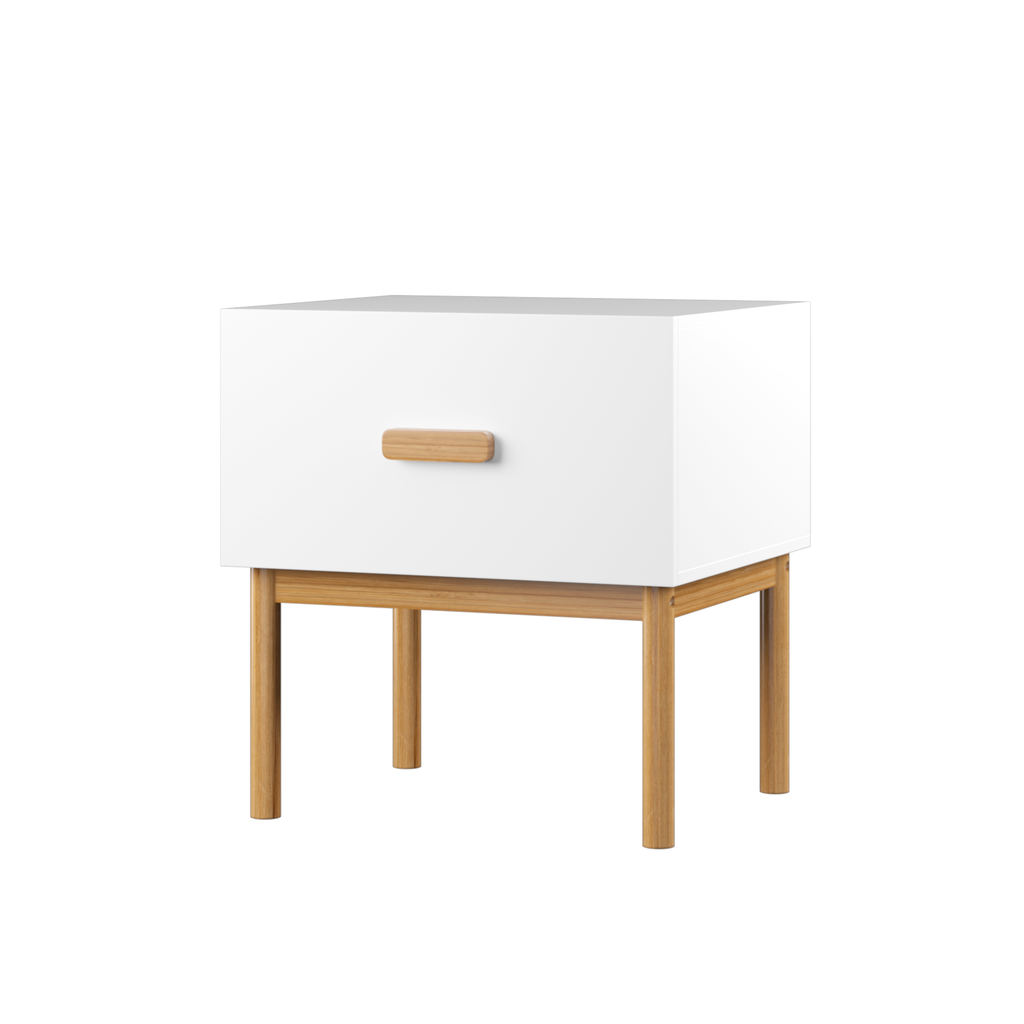 Modern White Nightstand with Drawer and Wood Legs, Minimalist Bedside Table with Handle for Bedroom, Living Room, Apartment - Grand Goldman Shop
