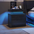 Nightstand LED Bedside Table Cabinet Lights Modern End Side with 2 Drawers for Bedroom (Black Woodgrain) - Grand Goldman Shop