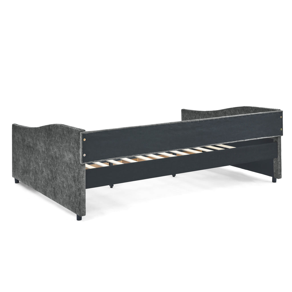 Mid-Century Grey Upholstered Tufted Daybed with Drawers and Copper Nail Trim, Queen Size (84.5'x63.5'x26.5') - Grand Goldman Shop