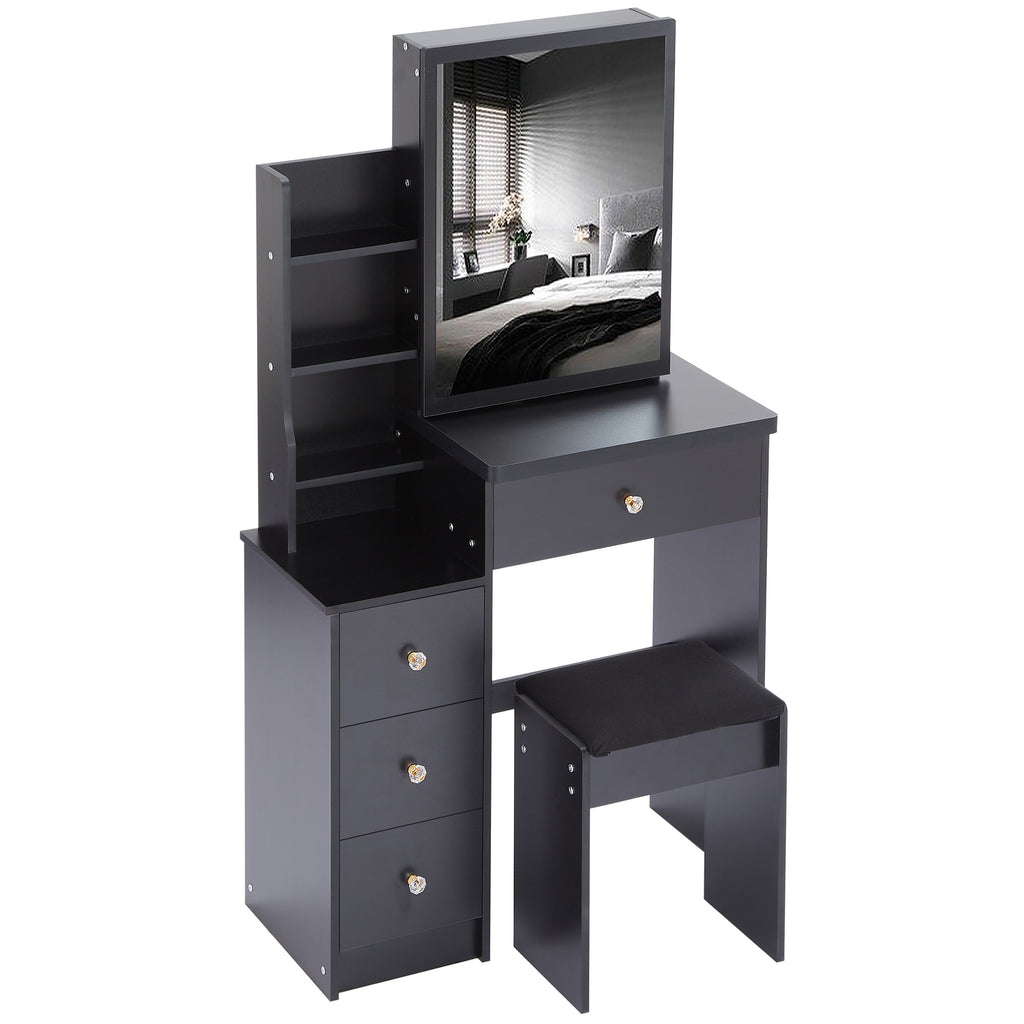 29.2' Small Space Left Bedside Cabinet Vanity Table + Cushioned Stool, Extra Large Right sliding mirror, Multi Layer High Capacity Storage, Practical Fashionable Dresser, Suitable For Small Space - Grand Goldman Shop