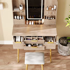 4-Drawer Vanity Desk with LED Mirror & Carved Details, Fluted Makeup Table with Metal Legs and PU Stool, Carved Dressing Table with Jewelry Storage for Bedroom - Grand Goldman Shop