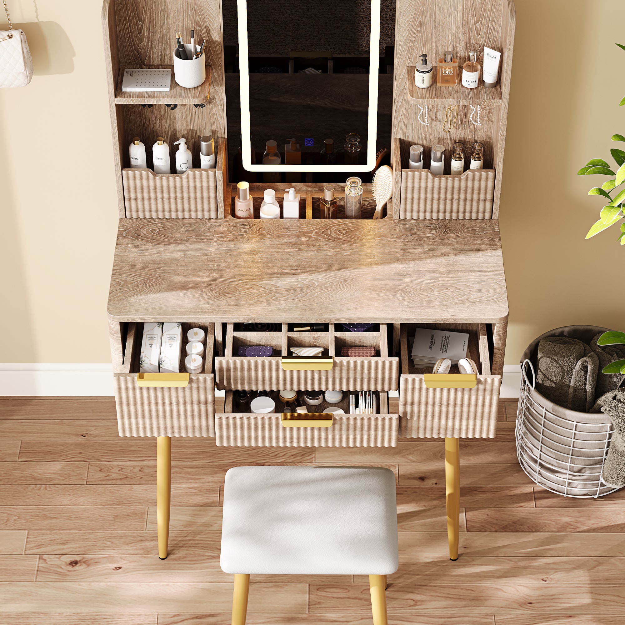 4-Drawer Vanity Desk with LED Mirror & Carved Details, Fluted Makeup Table with Metal Legs and PU Stool, Carved Dressing Table with Jewelry Storage for Bedroom - Grand Goldman Shop