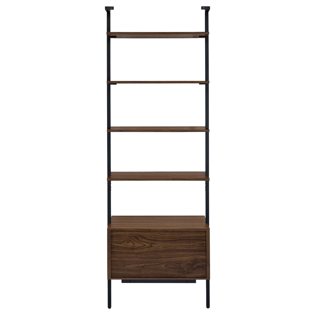 Wendell Walnut 4-Shelf Storage Wall Bookshelf with Drawer - Modern Industrial Style, Walnut Finish, Engineered Wood, 96in H x