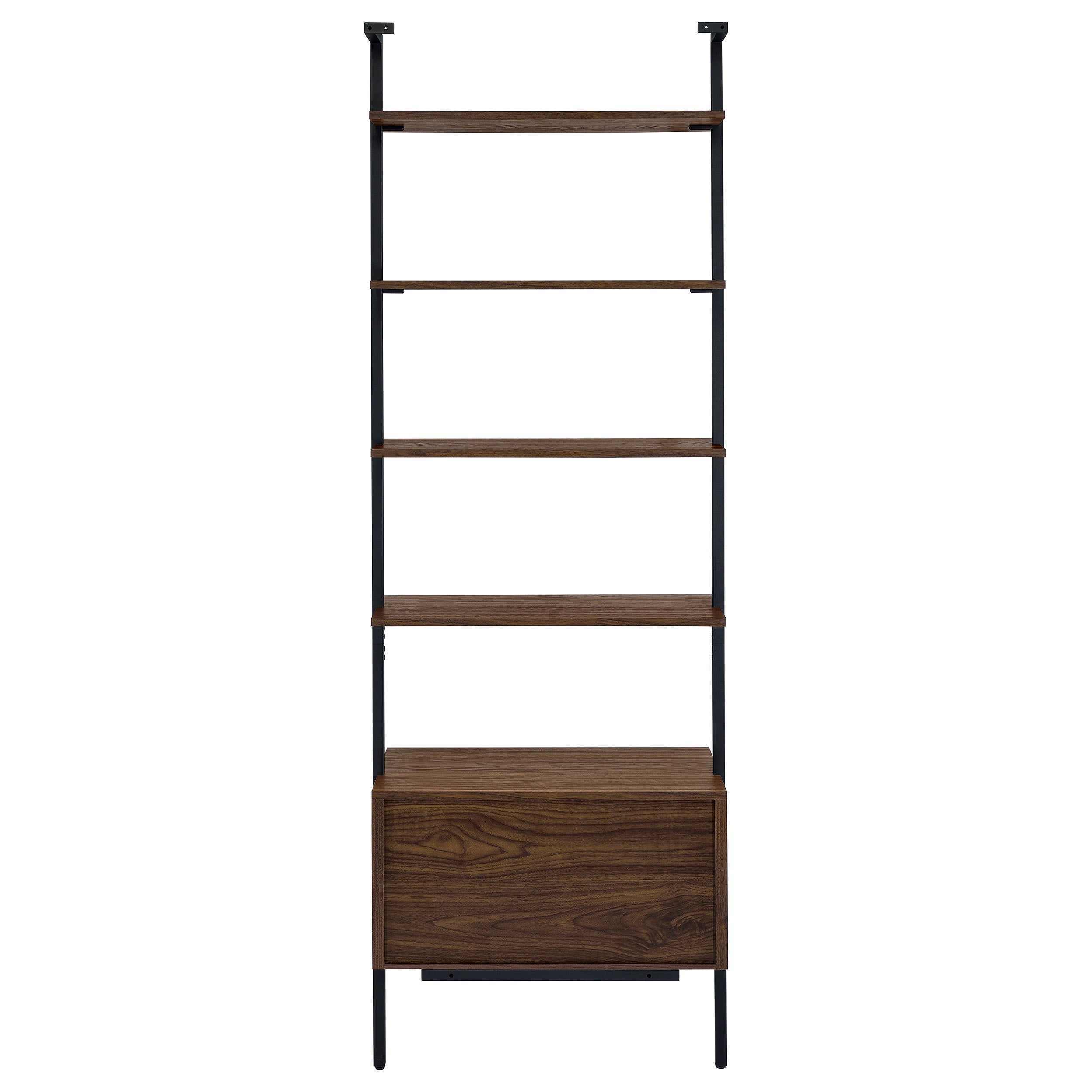Wendell Walnut 4-Shelf Storage Wall Bookshelf with Drawer - Modern Industrial Style, Walnut Finish, Engineered Wood, 96in H x