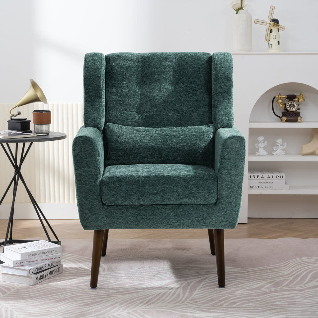 Modern Accent Chair,Chenille Arm Chairs for Living Room,Upholstered Mordern Armchair,Comfy Soft Padded Lounge Chair in Small Space, Bedroom, w/Pillow, Solid Wood Leg (Blackish Green) - Grand Goldman Shop