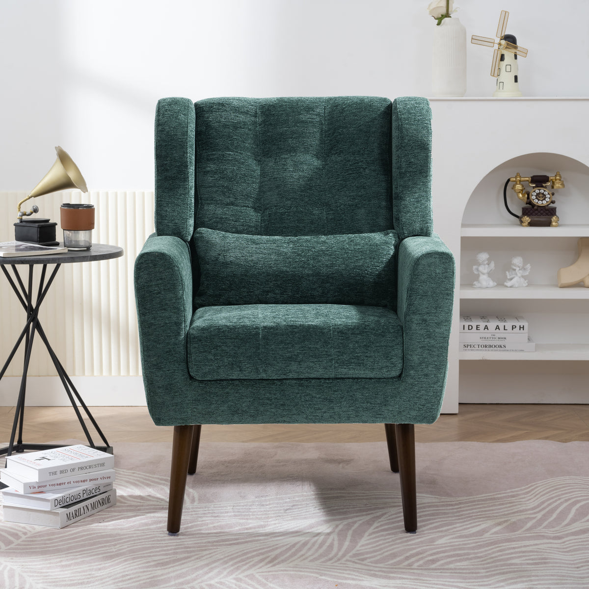 Modern Accent Chair,Chenille Arm Chairs for Living Room,Upholstered Mordern Armchair,Comfy Soft Padded Lounge Chair in Small Space, Bedroom, w/Pillow, Solid Wood Leg (Blackish Green) - Grand Goldman Shop