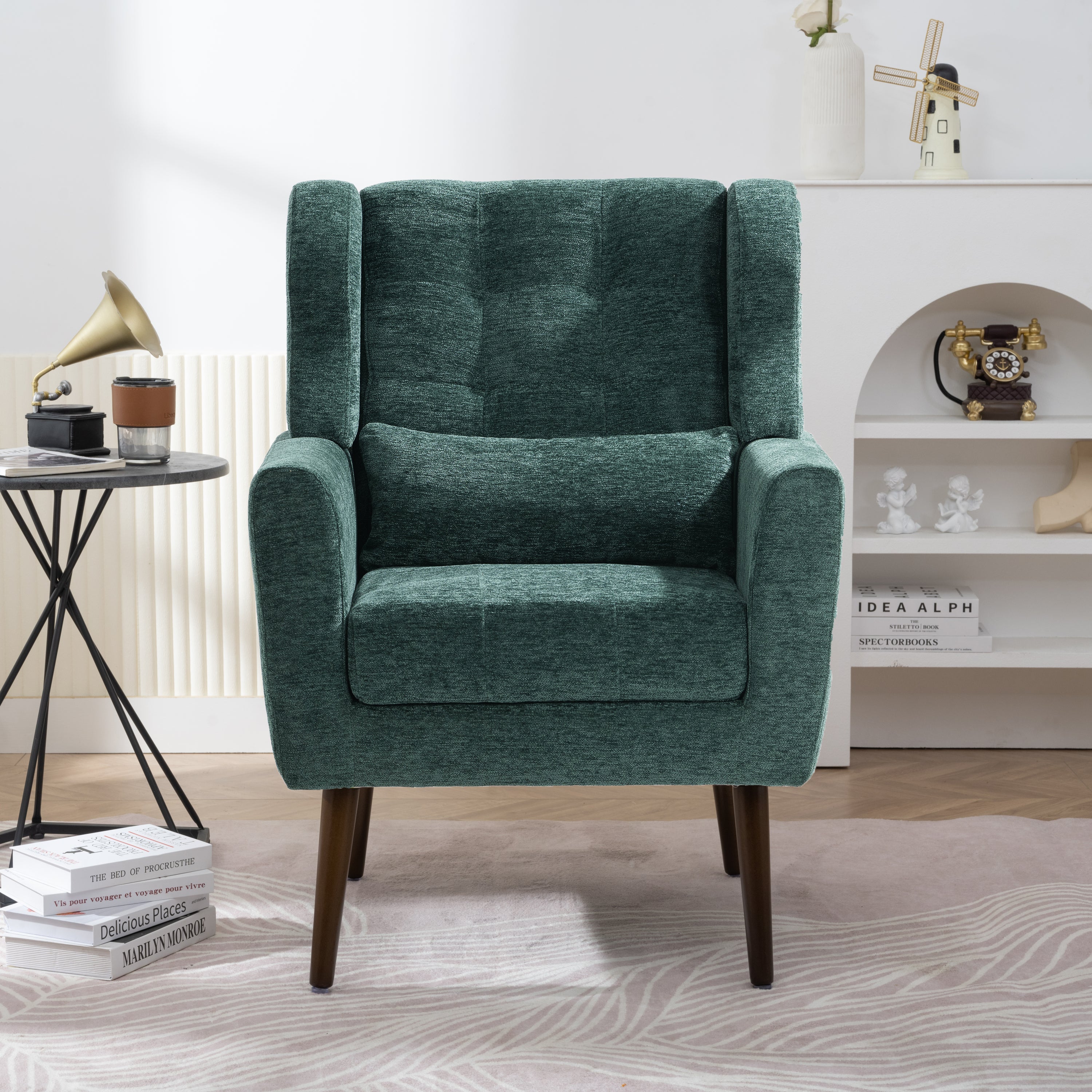 Modern Accent Chair,Chenille Arm Chairs for Living Room,Upholstered Mordern Armchair,Comfy Soft Padded Lounge Chair in Small Space, Bedroom, w/Pillow, Solid Wood Leg (Blackish Green) - Grand Goldman Shop