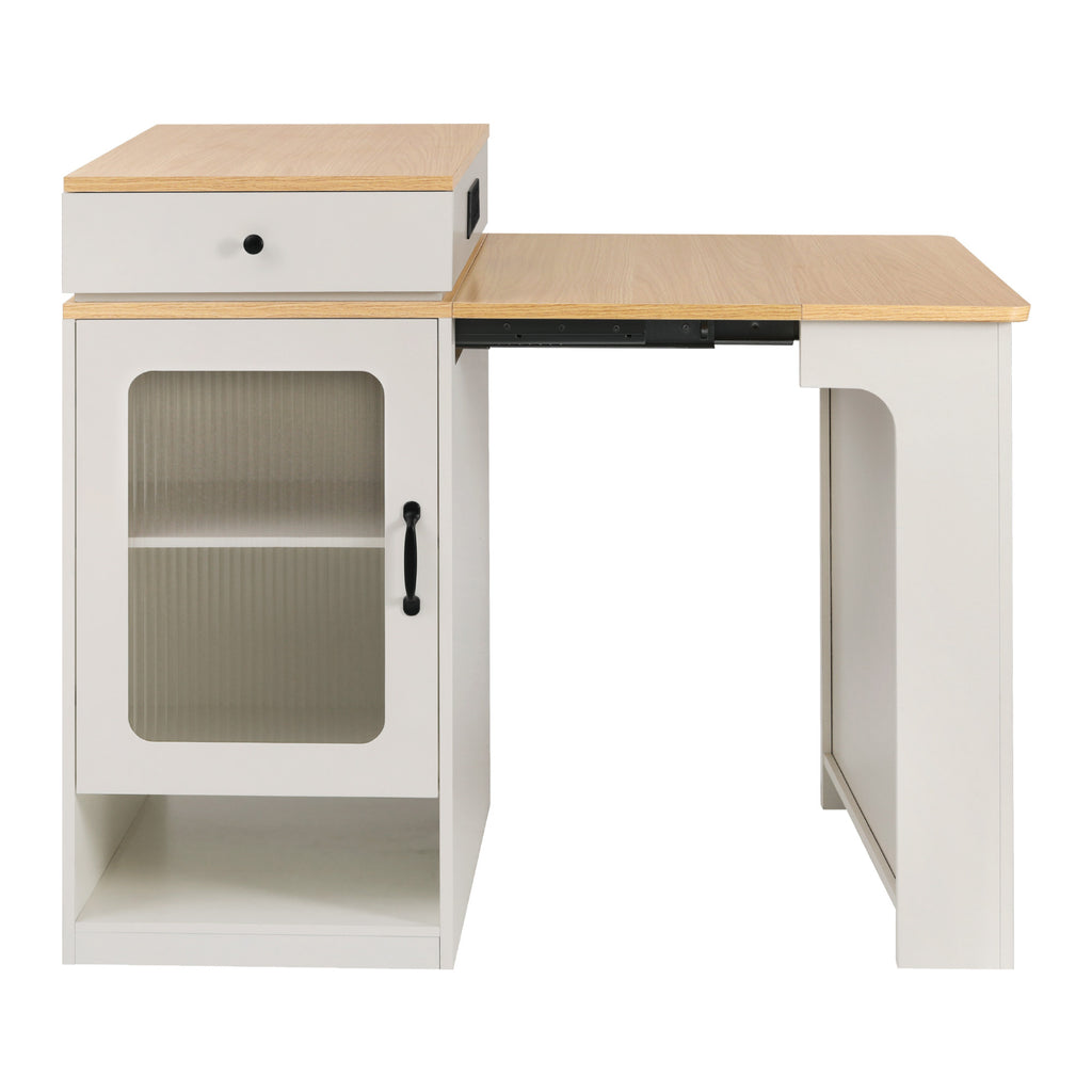 K&K 59.5' Kitchen Island with Extendable Dining Table, Kitchen Storage Table with Double-sided Storage, Kitchen Island with 2 Drawers, Power Outlet, Side Open Shelves, for Kitchen, Dining Room, White - Grand Goldman Shop