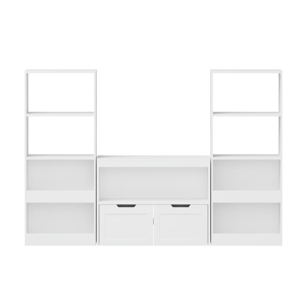 White Book Organizer with Large Drawers and Open Shelves, MDF Toy Storage Cabinet with Removable Wheels and Rounded Edges | P