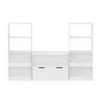 White Book Organizer with Large Drawers and Open Shelves, MDF Toy Storage Cabinet with Removable Wheels and Rounded Edges | P