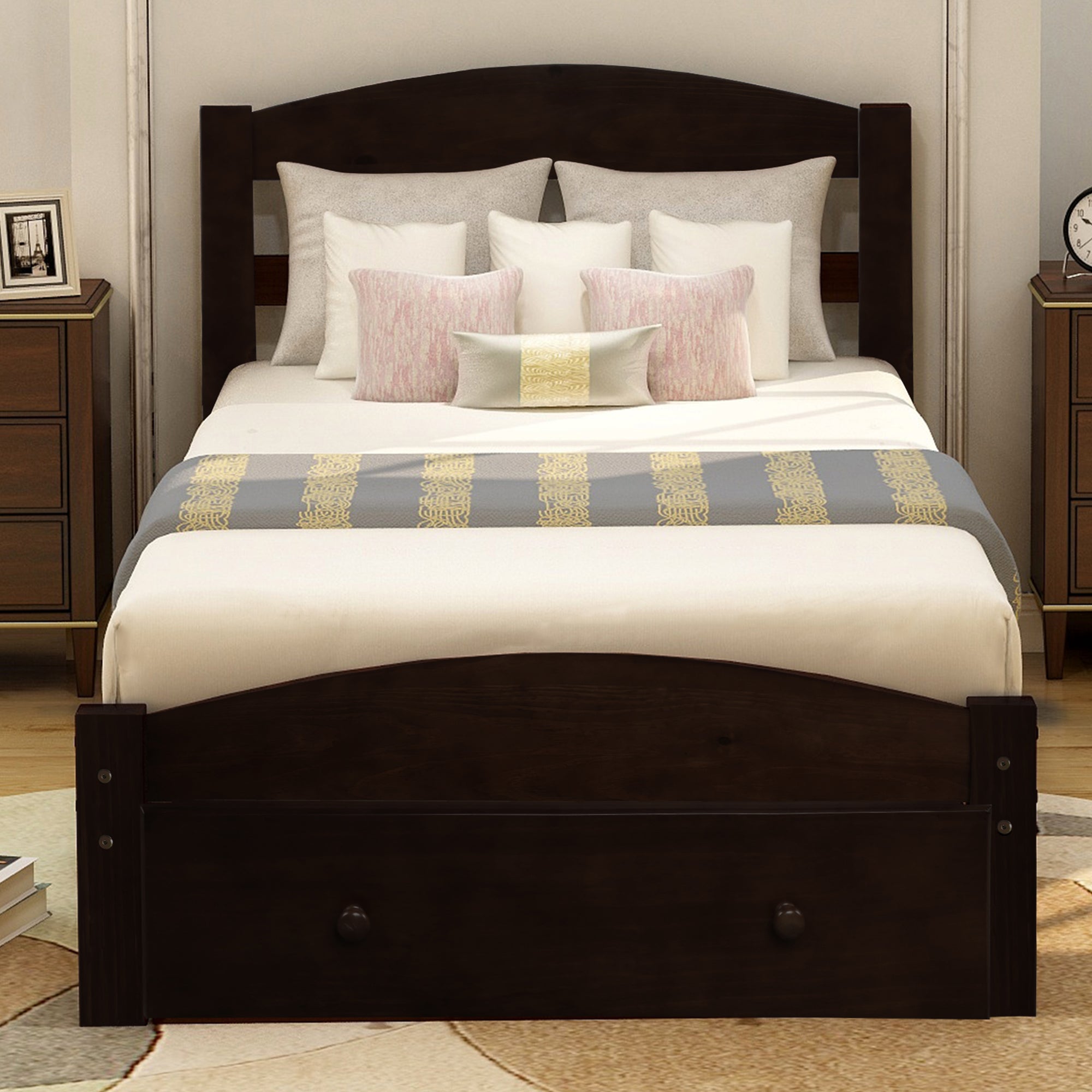 Espresso Platform Twin Bed Frame with Storage Drawer and Wood Slat Support, No Box Spring Needed - Grand Goldman Shop