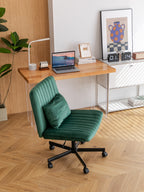 Green Velvet Criss Cross Armless Office Chair with Wheels - Comfortable & Stylish for Home Office, Meditation, and Makeup Use